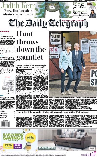 The Daily Telegraph Newspaper Front Page (UK) for 24 May 2019