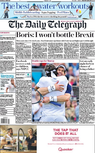 The Daily Telegraph Newspaper Front Page (UK) for 24 June 2019