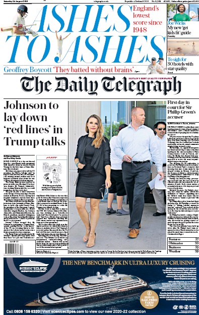 The Daily Telegraph Newspaper Front Page (UK) for 24 August 2019