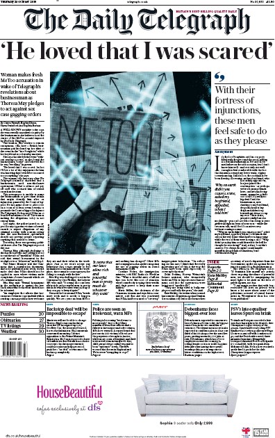 The Daily Telegraph Newspaper Front Page (UK) for 25 October 2018