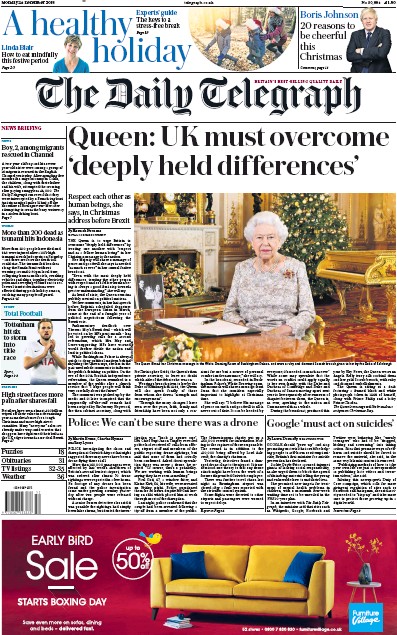 The Daily Telegraph Newspaper Front Page (UK) for 25 December 2018
