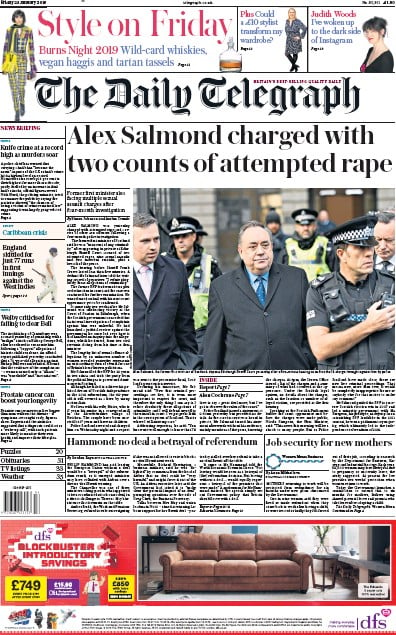 The Daily Telegraph Newspaper Front Page (UK) for 25 January 2019