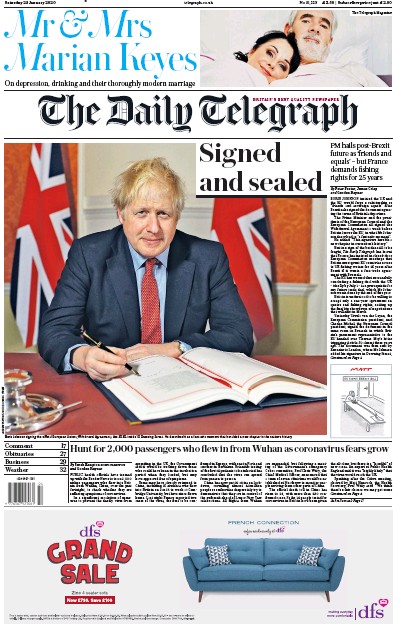 The Daily Telegraph Newspaper Front Page (UK) for 25 January 2020