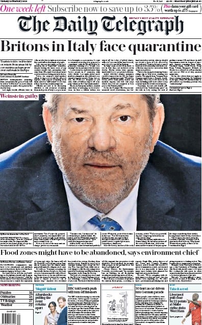 The Daily Telegraph Newspaper Front Page (UK) for 25 February 2020