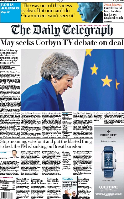The Daily Telegraph Newspaper Front Page (UK) for 26 November 2018