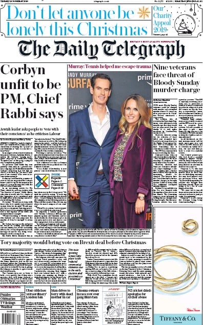 The Daily Telegraph Newspaper Front Page (UK) for 26 November 2019