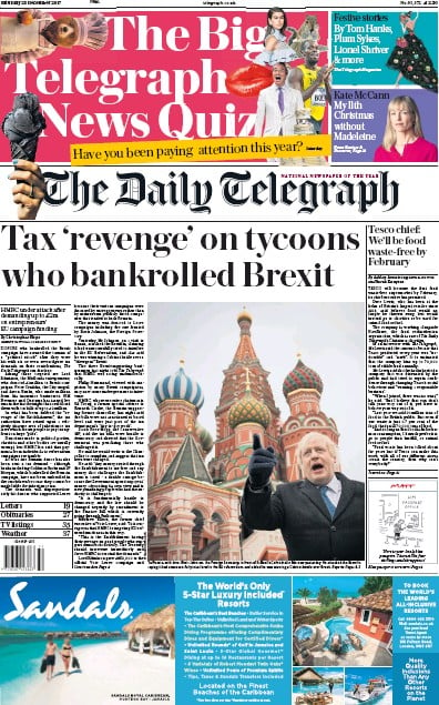 The Daily Telegraph Newspaper Front Page (UK) for 26 December 2017