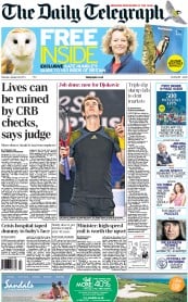 The Daily Telegraph Newspaper Front Page (UK) for 26 January 2013