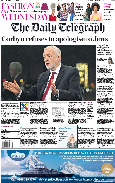 The Daily Telegraph Newspaper Front Page (UK) for 27 November 2019