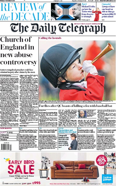 The Daily Telegraph Newspaper Front Page (UK) for 27 December 2019