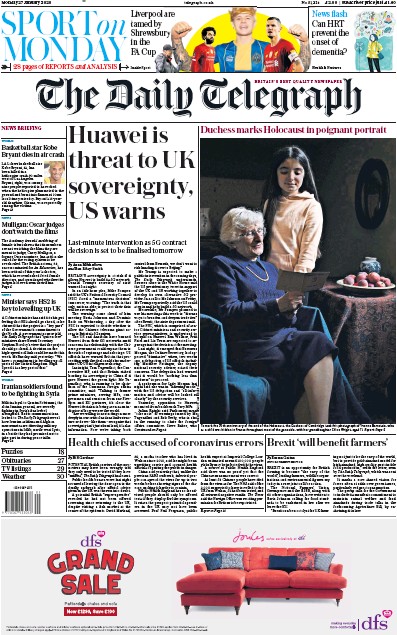 The Daily Telegraph Newspaper Front Page (UK) for 27 January 2020