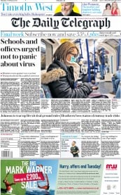 The Daily Telegraph (UK) Newspaper Front Page for 27 February 2020