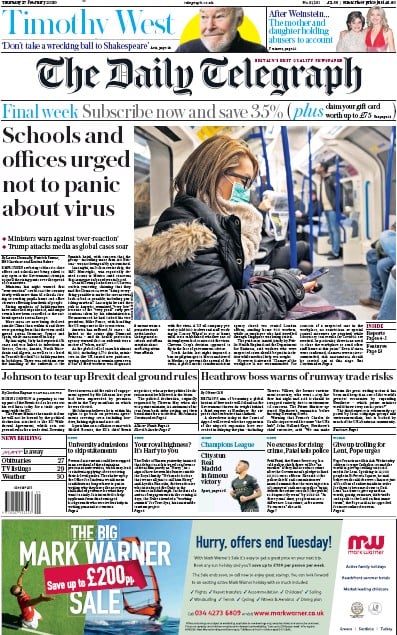 The Daily Telegraph Newspaper Front Page (UK) for 27 February 2020