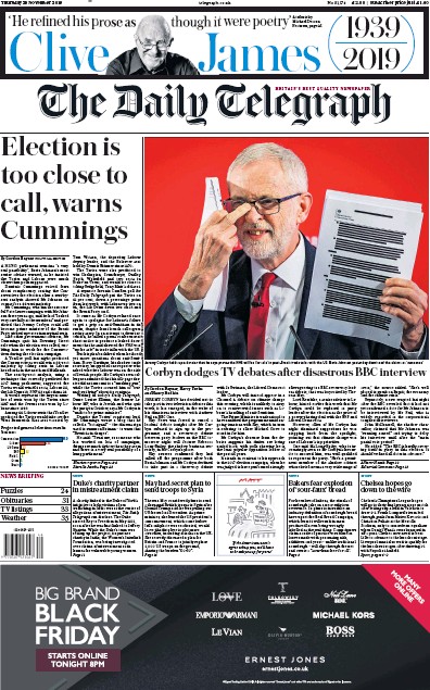 The Daily Telegraph Newspaper Front Page (UK) for 28 November 2019