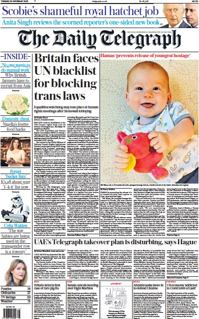 The Daily Telegraph Newspaper Front Page (UK) for 28 November 2023