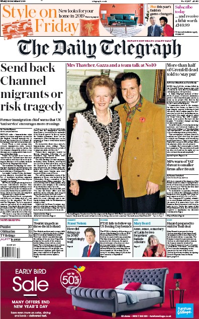 The Daily Telegraph Newspaper Front Page (UK) for 28 December 2018