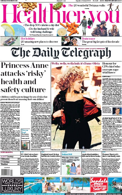 The Daily Telegraph Newspaper Front Page (UK) for 28 December 2019