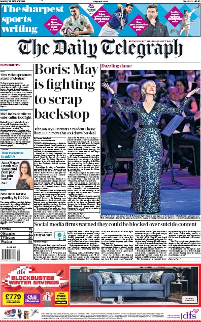 The Daily Telegraph Newspaper Front Page (UK) for 28 January 2019