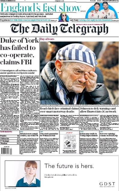 The Daily Telegraph Newspaper Front Page (UK) for 28 January 2020