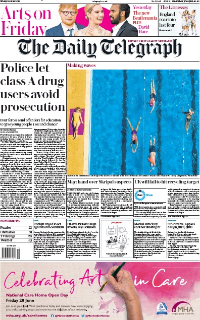 The Daily Telegraph Newspaper Front Page (UK) for 28 June 2019