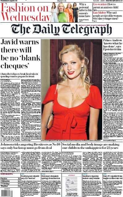 The Daily Telegraph Newspaper Front Page (UK) for 28 August 2019