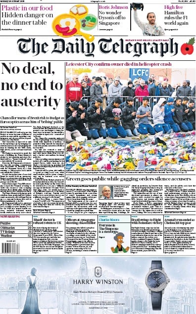 The Daily Telegraph Newspaper Front Page (UK) for 29 October 2018