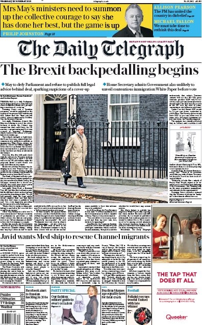 The Daily Telegraph Newspaper Front Page (UK) for 29 November 2018
