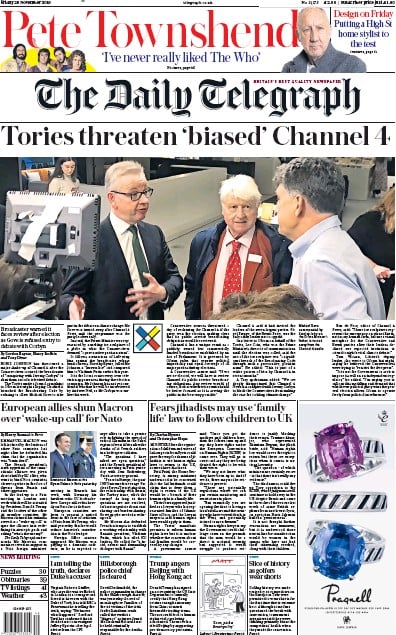 The Daily Telegraph Newspaper Front Page (UK) for 29 November 2019