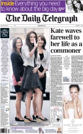 The Daily Telegraph (UK) Newspaper Front Page for 29 April 2011
