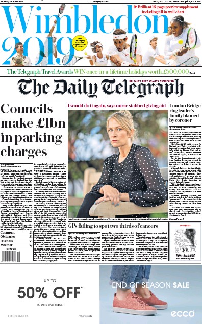 The Daily Telegraph Newspaper Front Page (UK) for 29 June 2019
