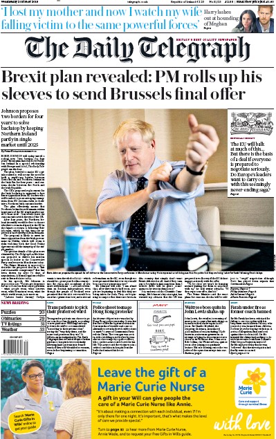 The Daily Telegraph Newspaper Front Page (UK) for 2 October 2019