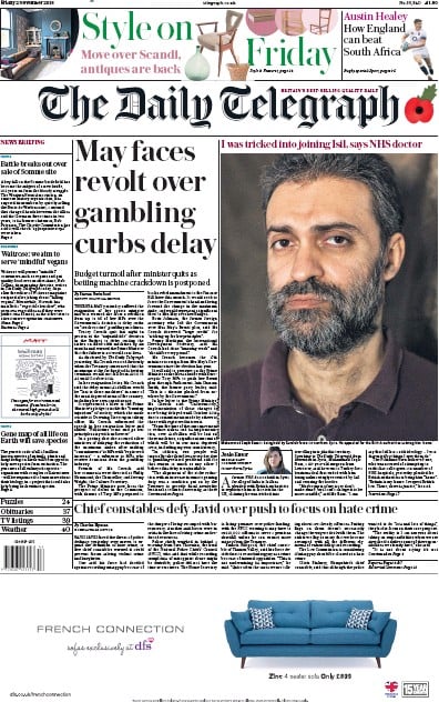 The Daily Telegraph Newspaper Front Page (UK) for 2 November 2018