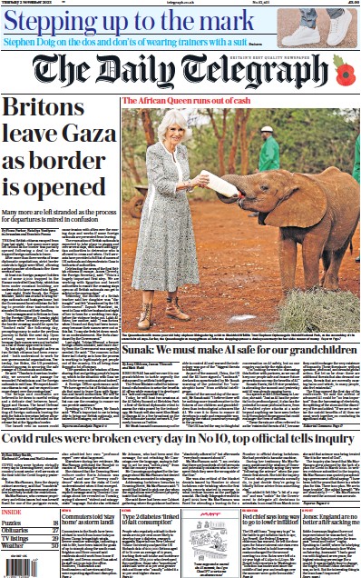 The Daily Telegraph Newspaper Front Page (UK) for 2 November 2023