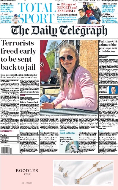 The Daily Telegraph Newspaper Front Page (UK) for 2 December 2019