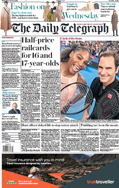 The Daily Telegraph Newspaper Front Page (UK) for 2 January 2019