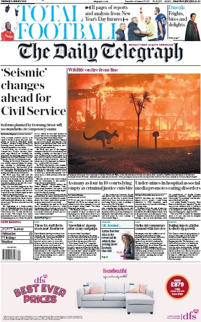 The Daily Telegraph Newspaper Front Page (UK) for 2 January 2020