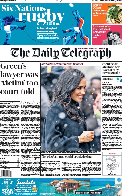 The Daily Telegraph Newspaper Front Page (UK) for 2 February 2019