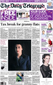 The Daily Telegraph Newspaper Front Page (UK) for 2 June 2012