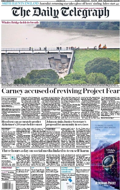 The Daily Telegraph Newspaper Front Page (UK) for 2 August 2019