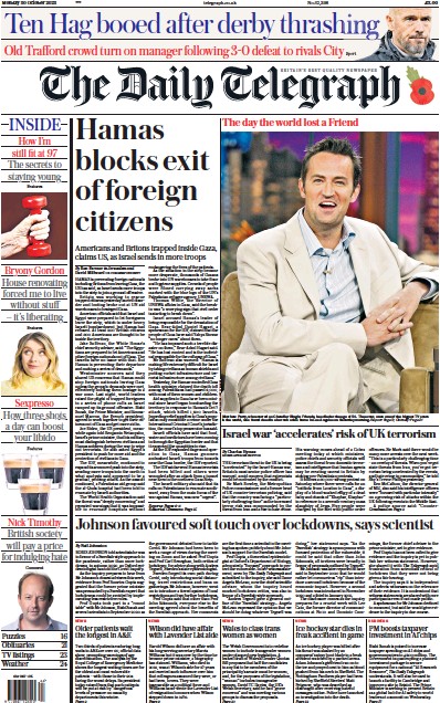 The Daily Telegraph Newspaper Front Page (UK) for 30 October 2023