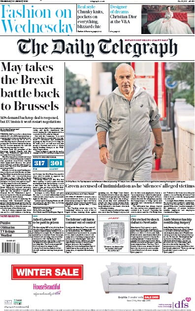 The Daily Telegraph Newspaper Front Page (UK) for 30 January 2019