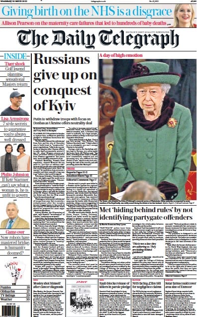 The Daily Telegraph Newspaper Front Page (UK) for 30 March 2022