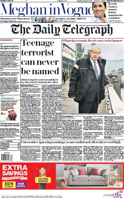 The Daily Telegraph Newspaper Front Page (UK) for 30 July 2019