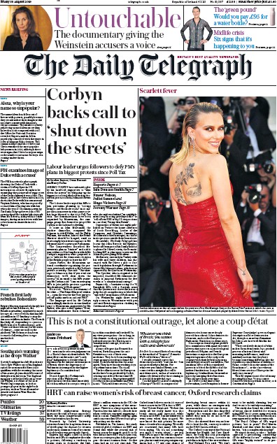 The Daily Telegraph Newspaper Front Page (UK) for 30 August 2019