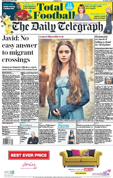 The Daily Telegraph Newspaper Front Page (UK) for 31 December 2018