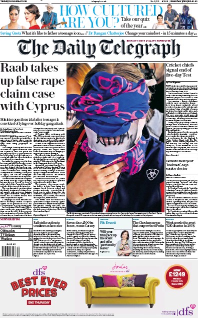 The Daily Telegraph Newspaper Front Page (UK) for 31 December 2019