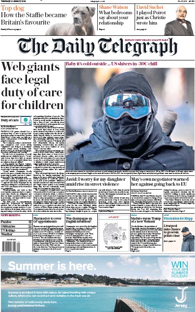 The Daily Telegraph Newspaper Front Page (UK) for 31 January 2019