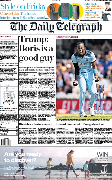 The Daily Telegraph Newspaper Front Page (UK) for 31 May 2019