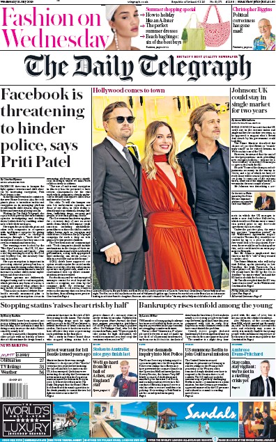 The Daily Telegraph Newspaper Front Page (UK) for 31 July 2019