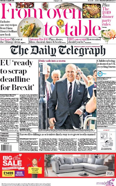 The Daily Telegraph Newspaper Front Page (UK) for 31 August 2019